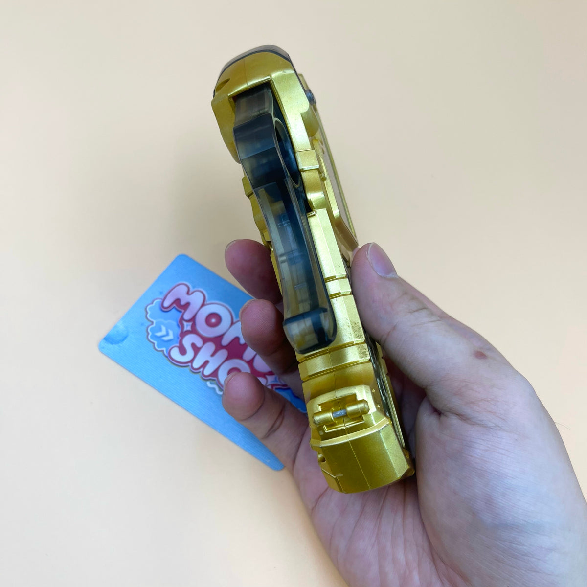 DX Grip Phone Gold & DX Solar Cell Gold Morpher from Power Rangers Mystic Force 2006, also known as DX Change from Super Sentai Magiranger 2005, vintage DX Morpher roleplay collectible for Solaris Knight fans.