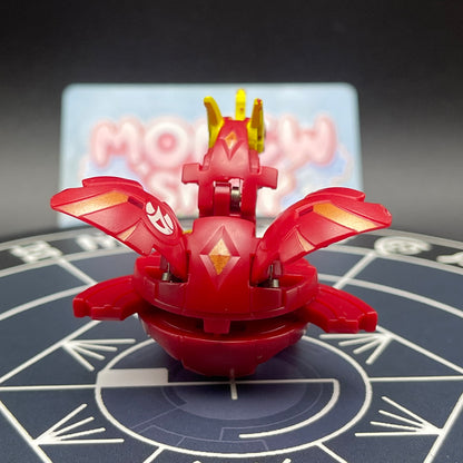 Rear view of Pyrus Neo Dragonoid monster mode displaying red tail, open wings, and back mechanical structure   