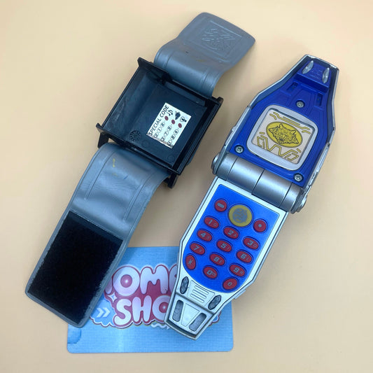 DX Lunar Caller Morpher and DX G Brace Phone, vintage roleplay collectible from Power Rangers Wild Force 2002 and Super Sentai Gaoranger 2001 for Lunar Wolf Ranger fans.