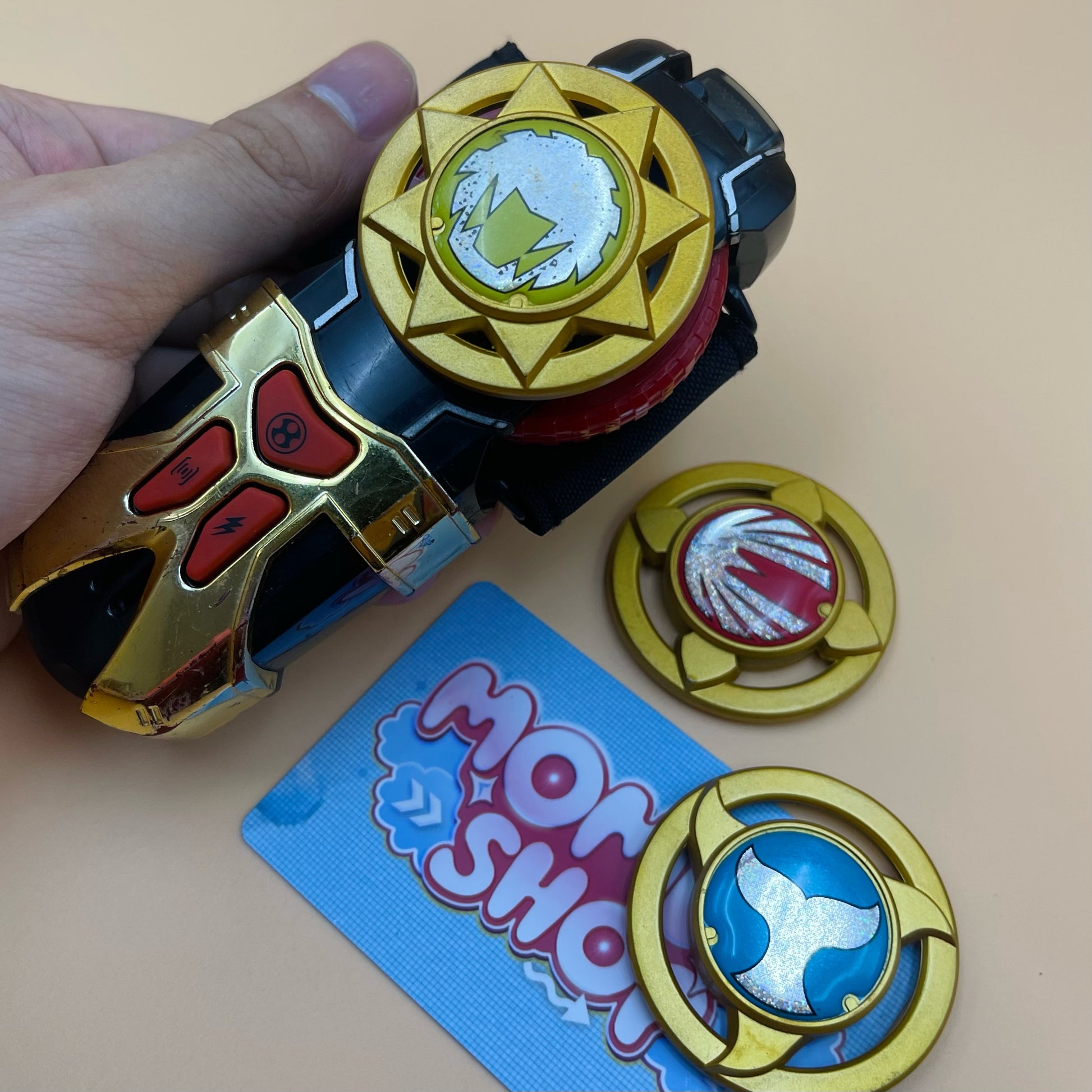 DX Wind Morpher and DX Hurricane Gyro from Power Rangers Ninja Storm 2003, also known as DX Change from Super Sentai Hurricaneger 2002, vintage DX Morpher roleplay collectible for Wind Rangers fans.
