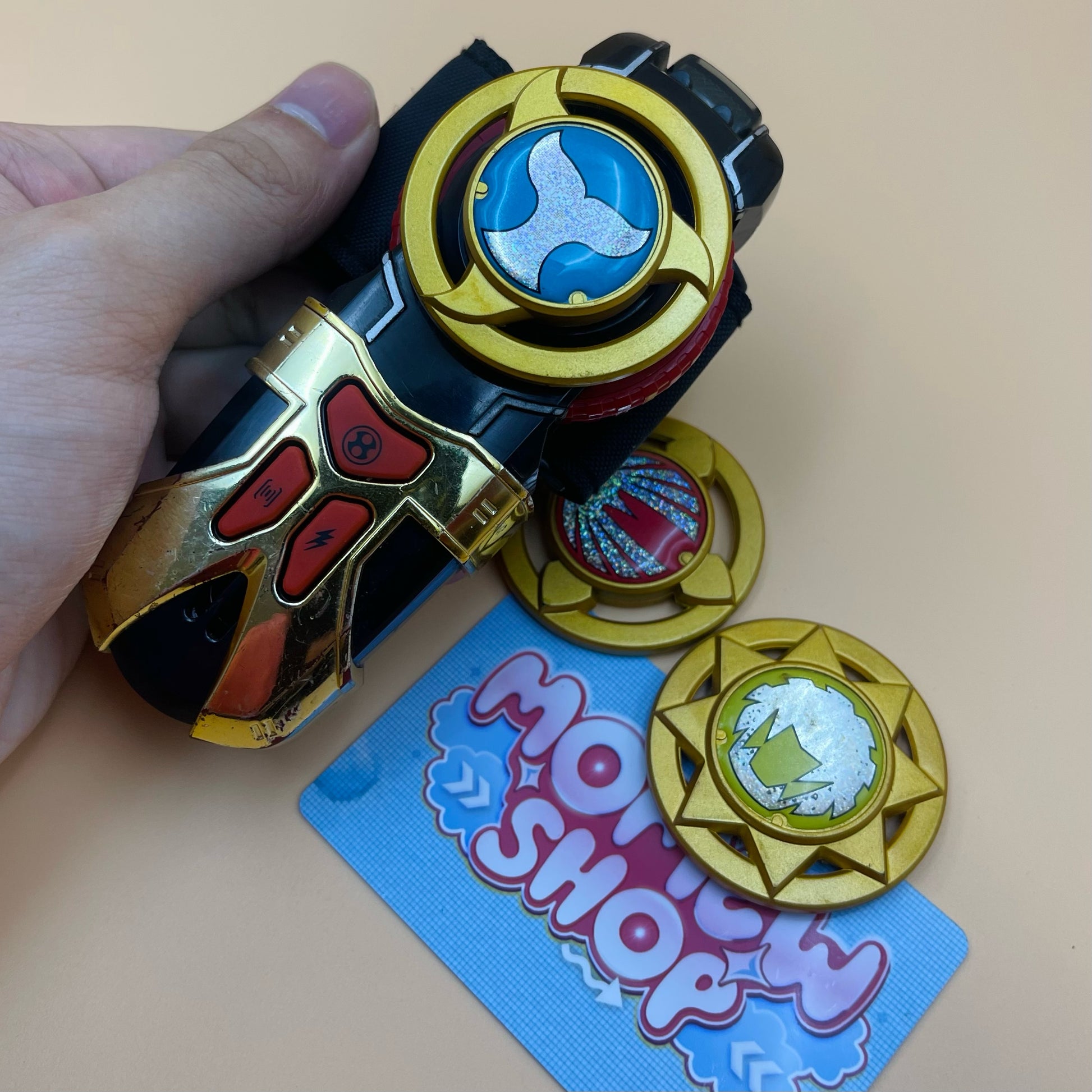 DX Wind Morpher and DX Hurricane Gyro from Power Rangers Ninja Storm 2003, also known as DX Change from Super Sentai Hurricaneger 2002, vintage DX Morpher roleplay collectible for Wind Rangers fans.