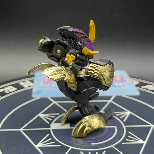 Darkus Seis Tavanel Metal Cross Baku Tech Bakugan opened monster form front diagonal view in black and gold.