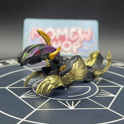 Side view of opened Darkus Seis Tavanel Metal Cross Baku Tech Bakugan showcasing its detailed armor parts.