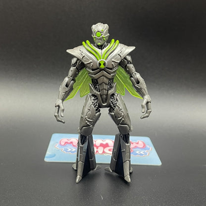 Front view of Nanomech action figure from Ben 10 Alien Swarm movie in grey and green colors with translucent wings.
