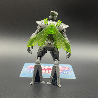 Back view of Nanomech action figure from Ben 10 Alien Swarm showing translucent green wings and detailed armor design.