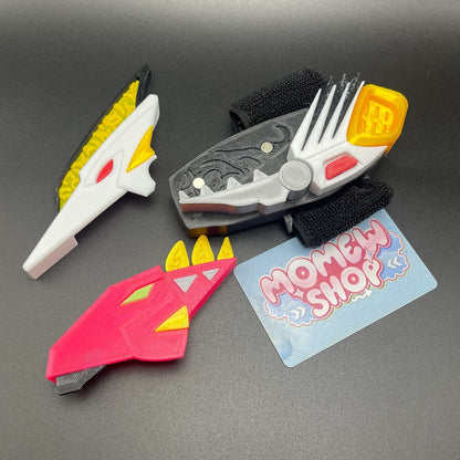Close-up of 3D printed components for White Drago Morpher prop replica.