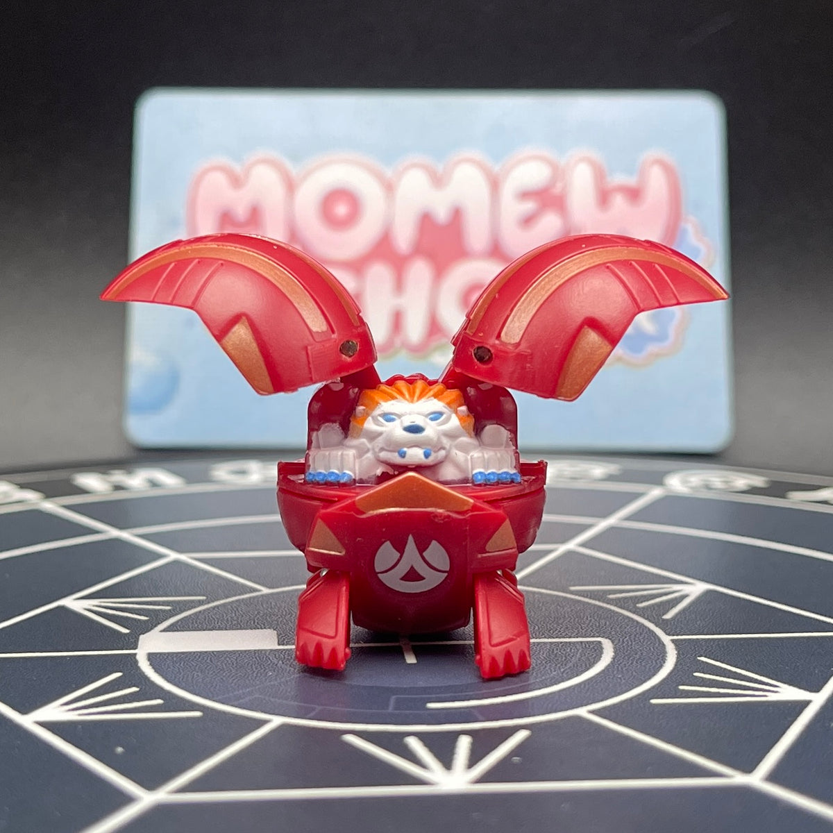 Front straight view of opened Pyrus B1 Griffon Bakugan figure showing character details and attribute symbol.